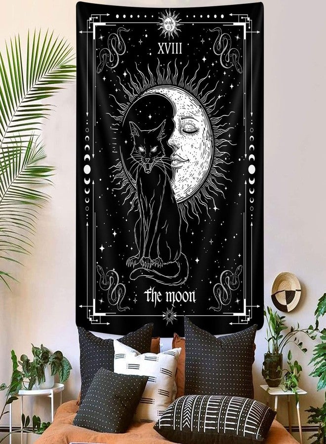 GOAOK Gothic Black Cat Vertical Tapestry, Witchy Black and White Tarot Card Wing Bat Cat Cool Tapestries for Men, Moon Phases Aesthetic Anime Witchcraft Satanic Art Tapestry Wall Hanging for Bedroom Living Room Poster, 40X60Inch - Image 2